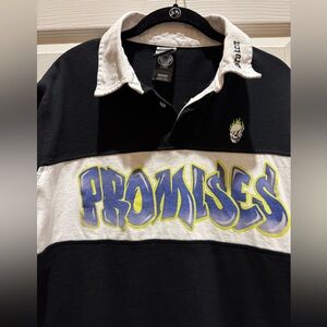 Broken Promises Men Black and White Graffiti Rugby Long Sleeve Polo Medium